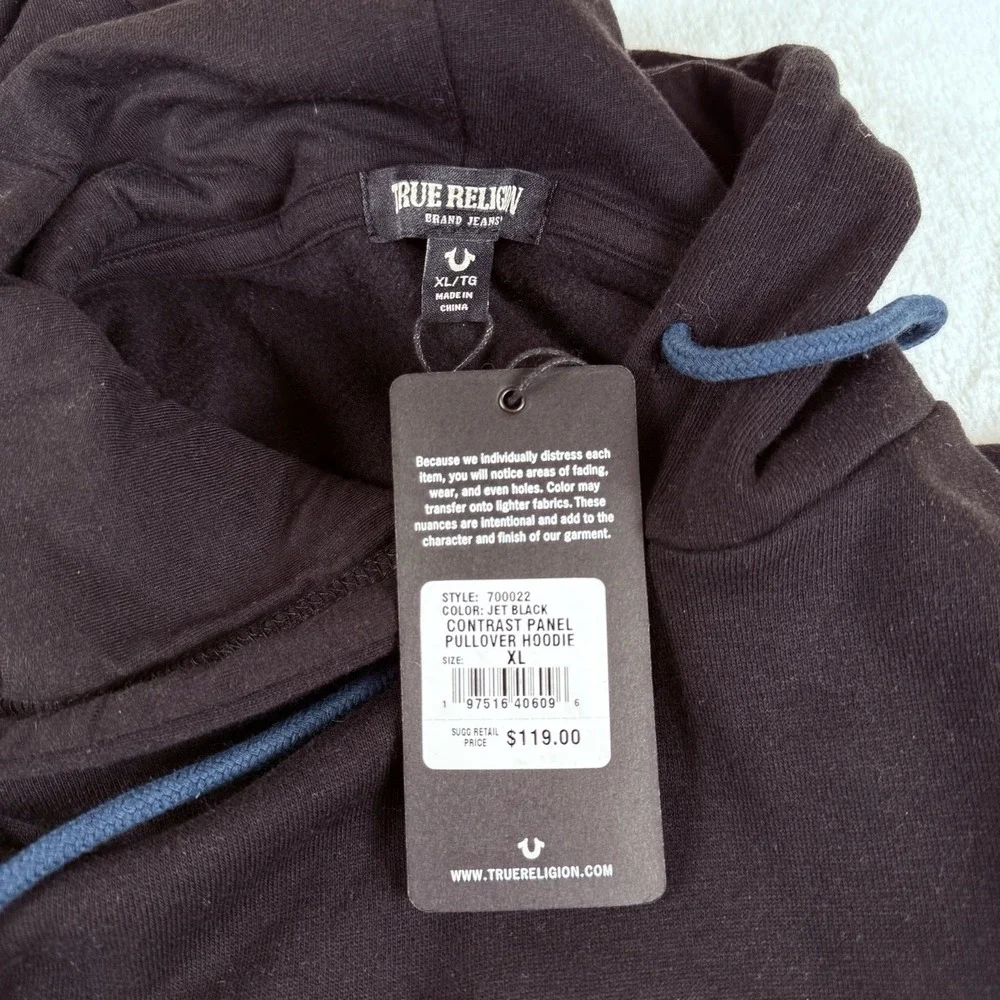 True Religion Contrast Panel Pullover Hoodie Men's XL Jet Black‎ Long Sleeve New